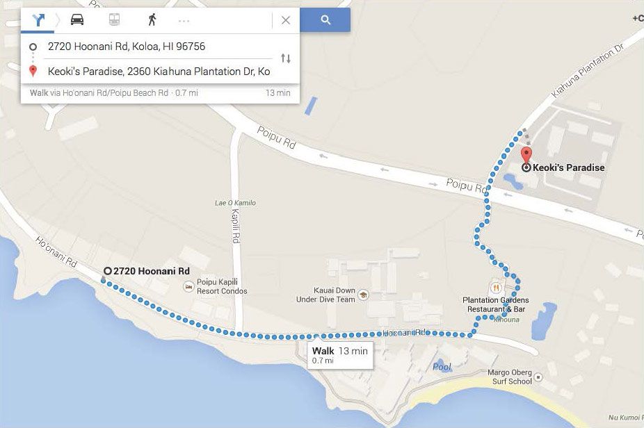 walk to Poipu Shopping Village, Keoki's Paradise and other Poipu restaurants