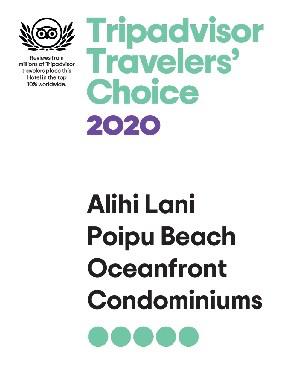 2020 Tripadviser Travelers' Choice Award to Alihi Lani Poipu Beach Oceanfront Condominiums placing it in top 10% worldwide