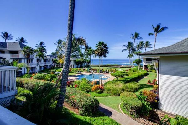 Poipu Kapili 22, Kauai, Hawaii vacation rental lanai view over pool to ocean